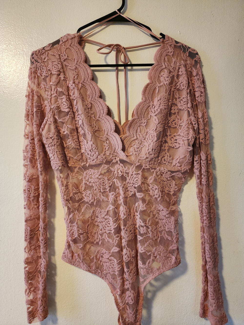 Ambiance Dusty Rose Lace V-Neck Long Sleeve Bodysuit